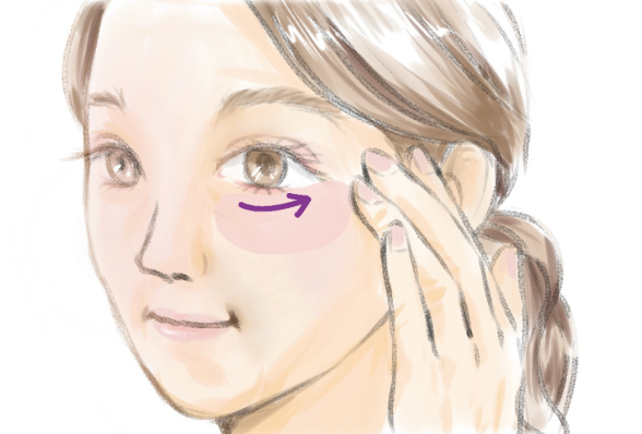 スポンジで頬のファンデーションを内側から外側へなじませるイラスト