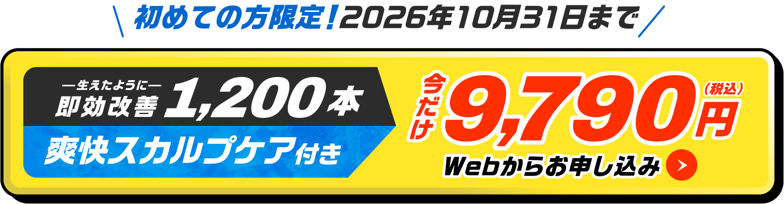 まずは1,200本増毛 生えたように即効改善 今だけ！9,790円(税込)お申し込みボタン