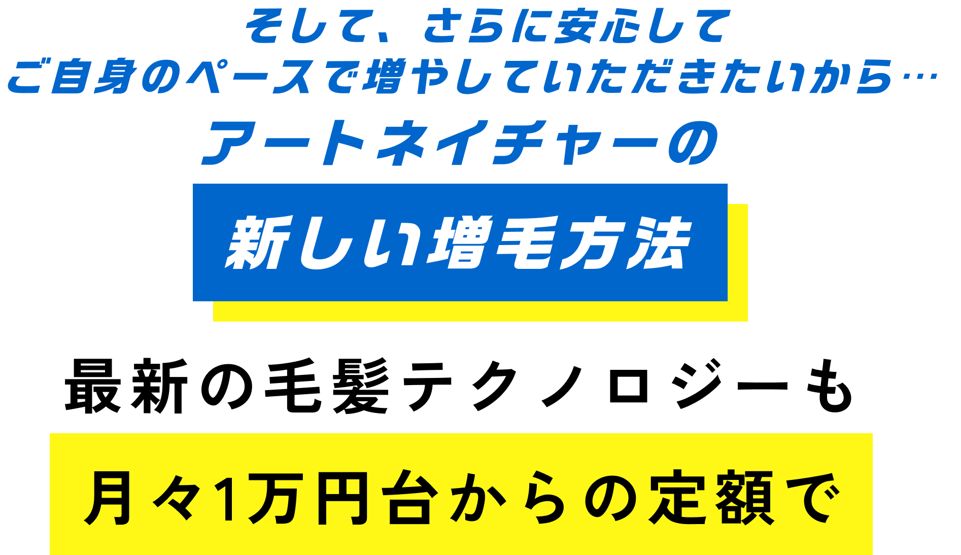 そして、さらに安心してご自身のペースで増やしていただきたいから…アートネイチャーの新しい増毛方法 最新の毛髪テクノロジーも 月々１万円台からの定額で