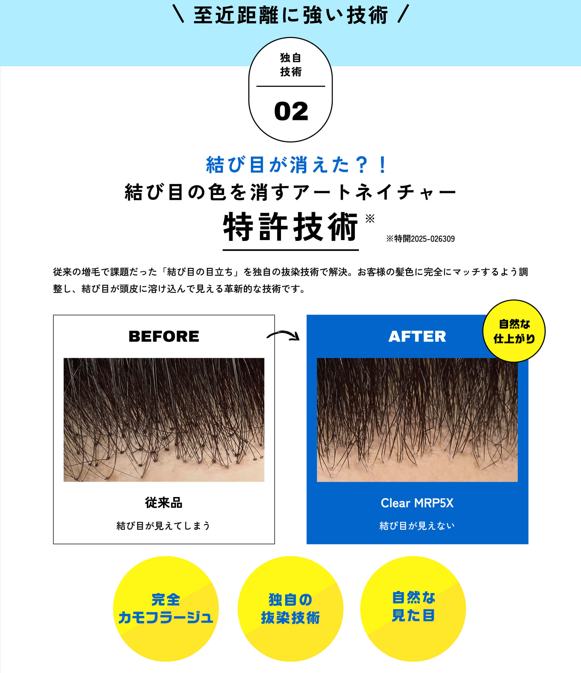 至近距離に強い技術　独自技術02　結び目の色を消す　結び目が消えた？！　特許技術　※特開2025-026309　従来の増毛で課題だった「結び目の目立ち」を独自の抜染技術で解決。お客様の髪色に完全にマッチするよう調整し、結び目が頭皮に溶け込んで見える革新的な技術です。BEFORE　AFTER　自然な　仕上がり　従来品　Clear MRP5X　結び目が見えてしまう　結び目が見えない　完全カモフラージュ　独自の抜染技術　自然な見た目